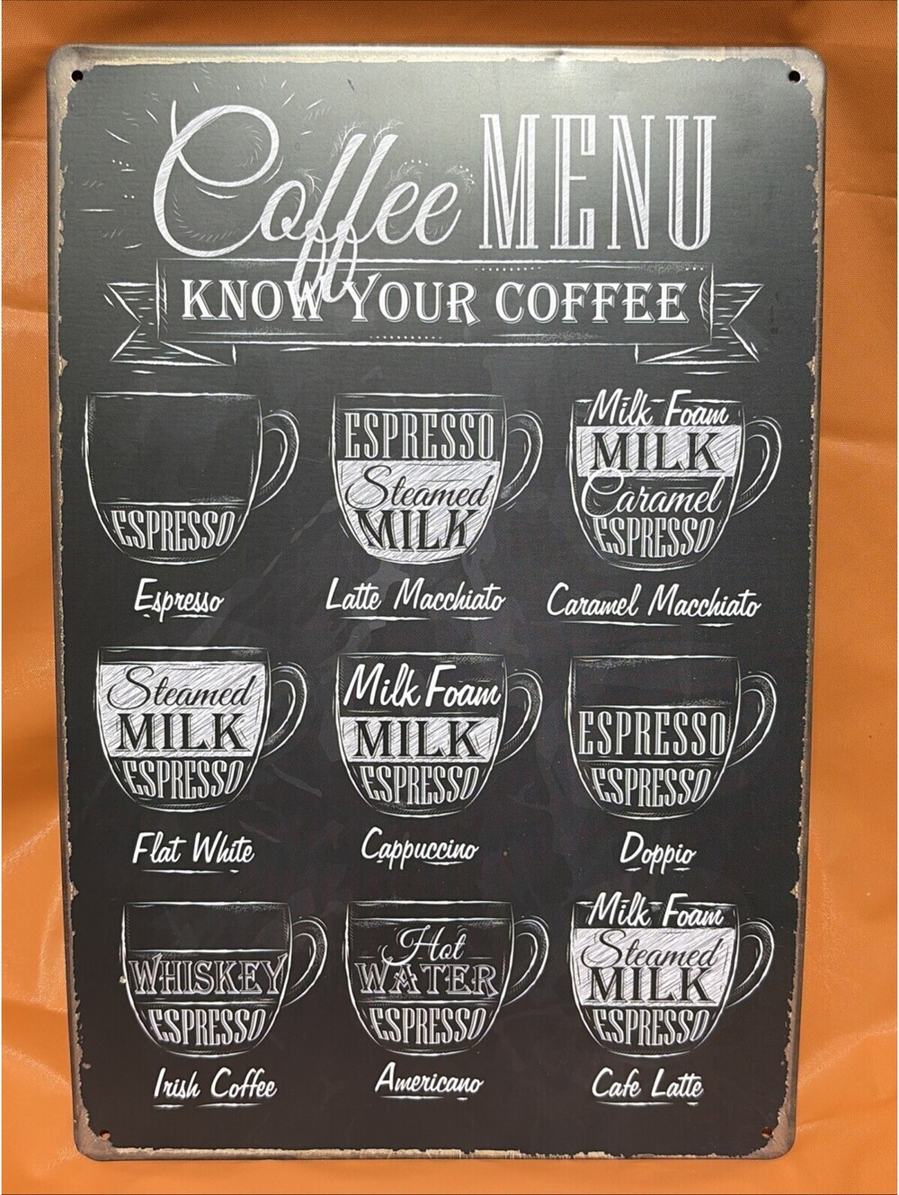 COFFEE MENU  KNOW YOUR COFFEE ESPRESSO CAPPUCCINO MACCHIATO LATTE METAL SIGN